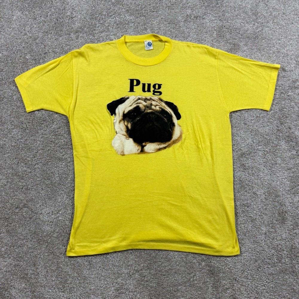 Vintage Artex Pug Dog Graphic T-Shirt Yellow Mens Large Single Stitch USA Made